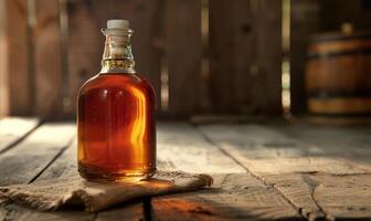 Bottle of apple syrup on a rustic wooden table photo