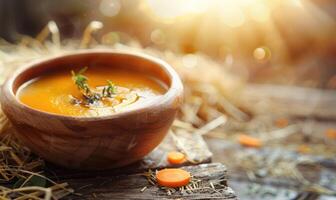 Carrot soup in a rustic bowl on a wooden table photo