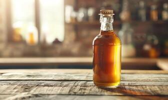 Bottle of apple syrup on a rustic wooden table photo