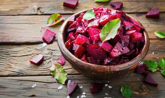 Beet salad on a rustic wooden table photo