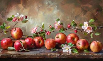 Close-up of autumn apples on a rustic wooden board photo