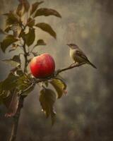 Apple with a small bird perched on the branch photo