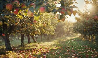 Apple orchard with trees full of autumn apples fallen apples on the ground photo