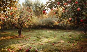 Apple orchard with trees full of ripe apples photo