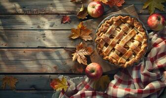 Apple pie on a rustic wooden table photo