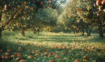 Apple orchard with trees full of autumn apples fallen apples on the ground photo