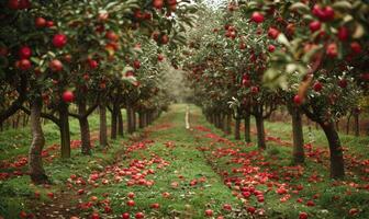 Apple orchard with rows of apple trees fallen apples on the ground photo