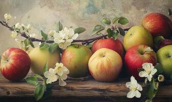 Close-up of a mix of red, green, and yellow apples on a wooden table photo