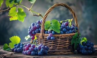 Grapes in a handcrafted wicker basket on a rustic table photo
