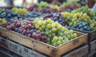 Grapes in a rustic crate at a farm market photo