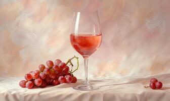 Grapes on a light pastel background with a glass of rose wine photo