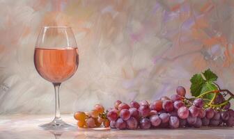 Grapes on a light pastel background with a glass of rose wine photo