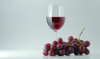 Grapes on a simple white background with a glass of red wine photo
