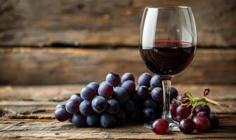 Grapes on a rustic burlap cloth with a glass of red wine photo