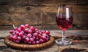Grapes on a rustic burlap cloth with a glass of red wine photo