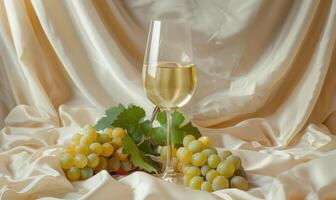 Grapes on a soft cream background with a glass of white wine photo