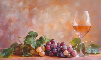 Grapes on a soft peach background with a glass of rose wine photo