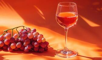 Grapes on a vibrant orange background with a glass of rose wine photo