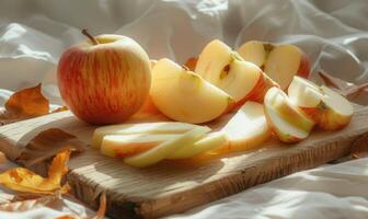 Close-up view of fresh apple slices on a wooden board photo