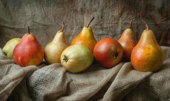 Different varieties of pears on a burlap cloth photo