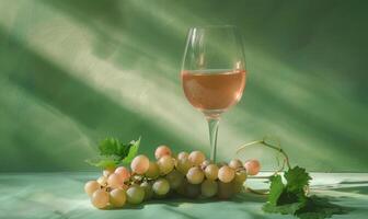 Grapes on a soft green background with a glass of rose wine photo