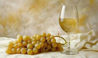 Grapes on a soft cream background with a glass of white wine photo