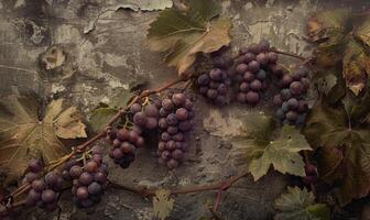 Grapes on vines with rustic vineyard setting photo