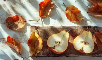 Close-up view of fresh pear slices on a wooden board photo