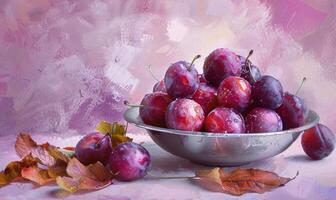 Close-up view of fresh plums in a bowl photo