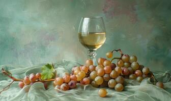 Grapes on a pale green background with a glass of white wine photo
