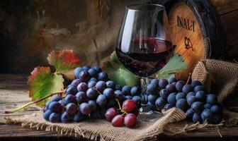 Grapes on a rustic burlap cloth with a glass of red wine photo