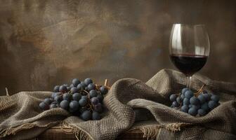 Grapes on a rustic burlap cloth with a glass of red wine photo