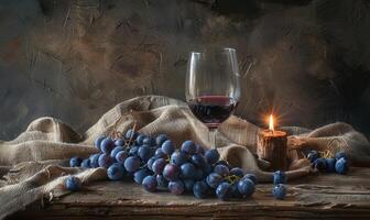 Grapes on a rustic burlap cloth with a glass of red wine photo