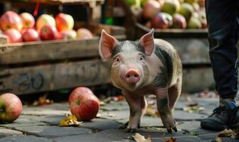 Piglet savoring an apple in an orchard photo