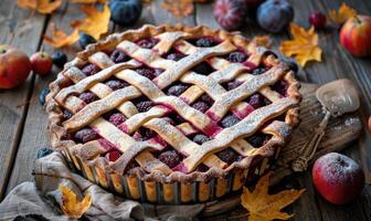 Plum pie on a rustic wooden table photo