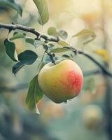 Red and green apple hanging from a branch photo