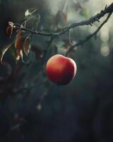 Single apple hanging from a branch photo