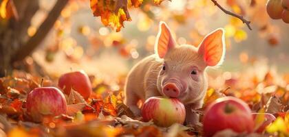 Piglet biting into an apple under a tree photo