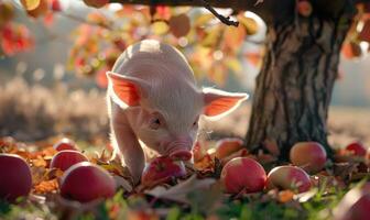 Piglet biting into an apple under a tree photo