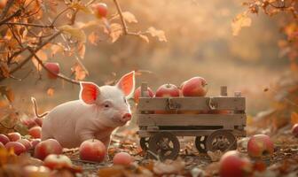 Piglet biting into an apple under a tree photo