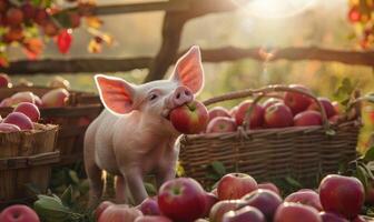 Piglet happily eating an apple by a rustic apple stand photo