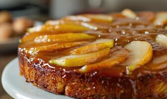 Pear upside-down cake, golden and caramelized photo