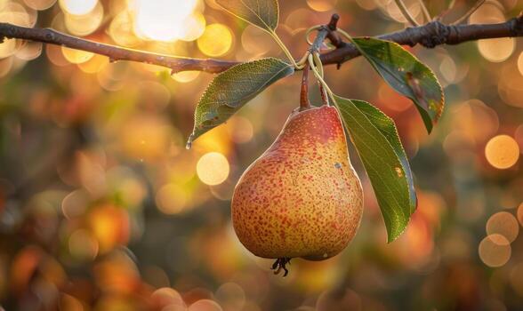 Pear on a branch with a rustic background photo