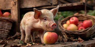 Piglet happily eating an apple by a rustic apple stand photo