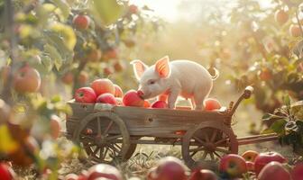 Piglet eating an apple next to a wooden cart filled with apples photo