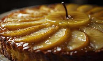 Pear upside-down cake, golden and caramelized photo