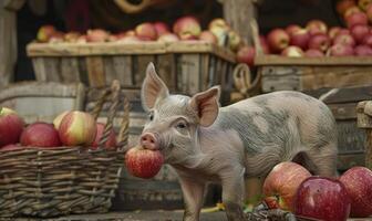 Piglet happily eating an apple by a rustic apple stand photo