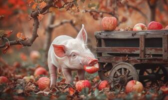 Piglet biting into an apple under a tree photo