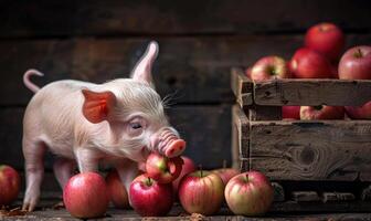 Piglet happily eating an apple by a rustic apple stand photo