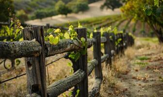 Vineyard with a rustic wooden fence and grapevines photo